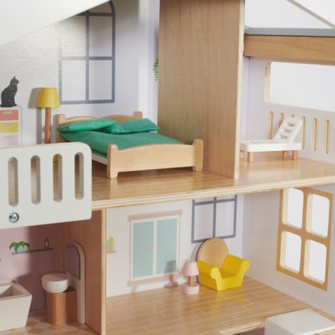 CLASSIC WORLD Duży Drewniany Domek dla Lalek 2 Figurki NATURALNE DREWNO 28 el.