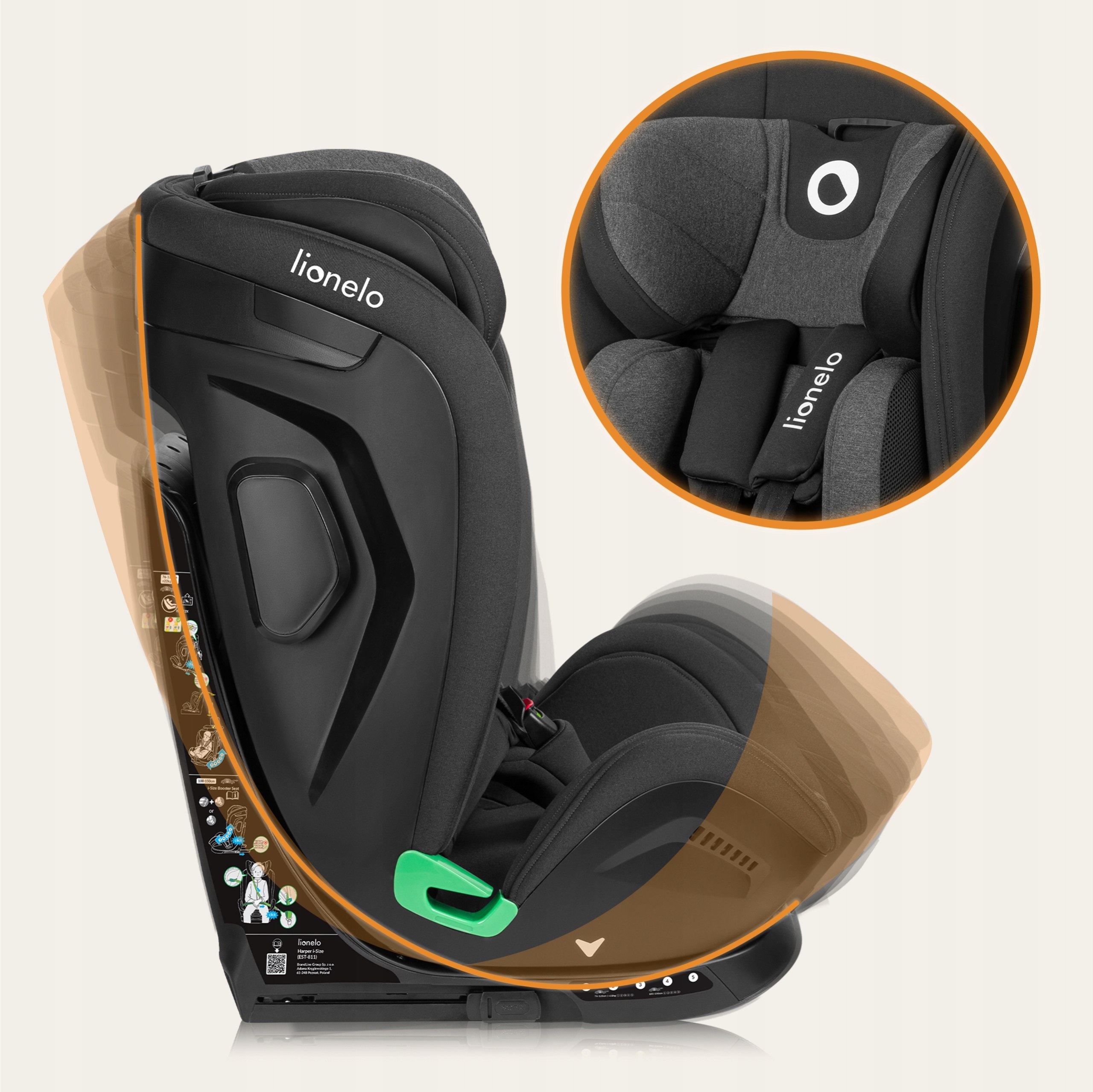 Fotelik samochodowy ISOFIX 76-150 cm wkładka Dri-seat Lionelo Harper i-Size Model Harper