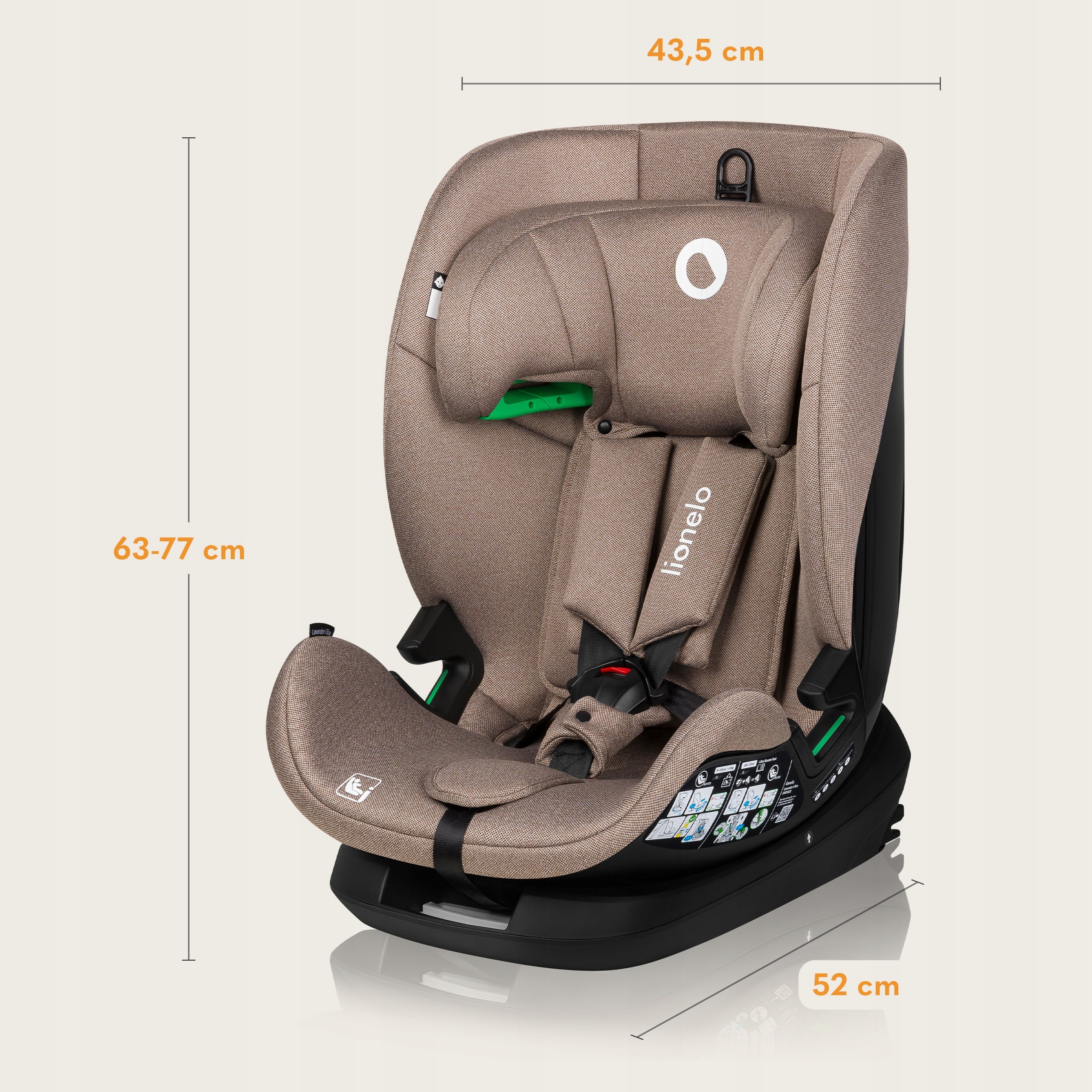 Fotelik samochodowy ATEST 9-36kg 76-150cm isofix Lionelo Lavender i-size Wysokość produktu 77 cm