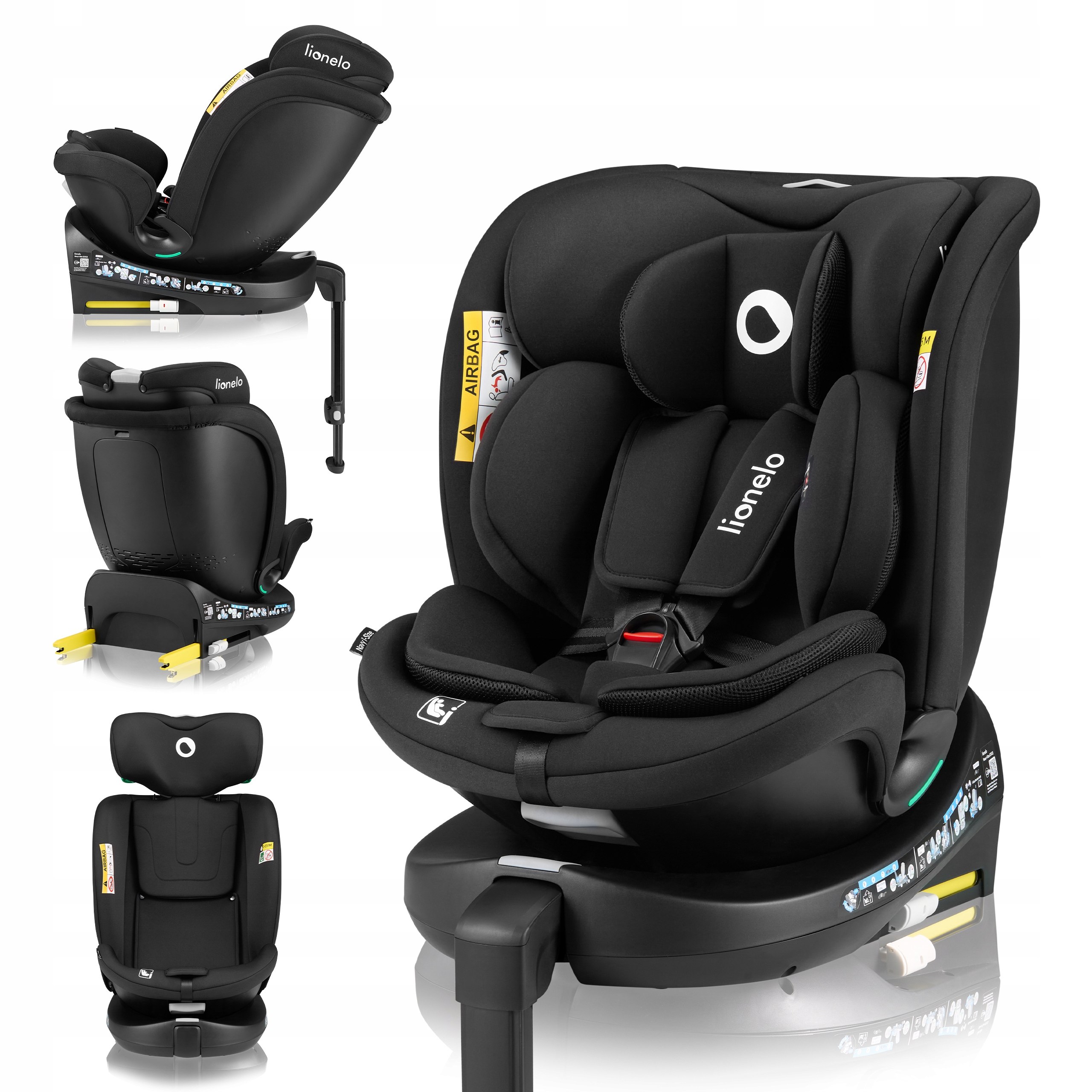 Fotelik samochodowy OBROTOWY baza +NOGA ISOFIX 40-150cm Lionelo Navy i-Size Informacje dodatkowe i-Size Obracane siedzisko R129 Regulacja pozycji dziecka Regulacja siedziska Regulacja zagłówka Zdejmowana tapicerka